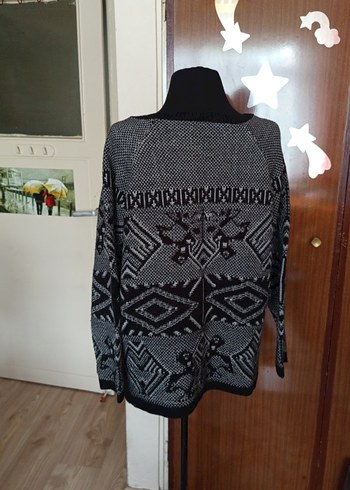 Gri Bohem Desenli Örme Kadın Kazak - Görsel 4