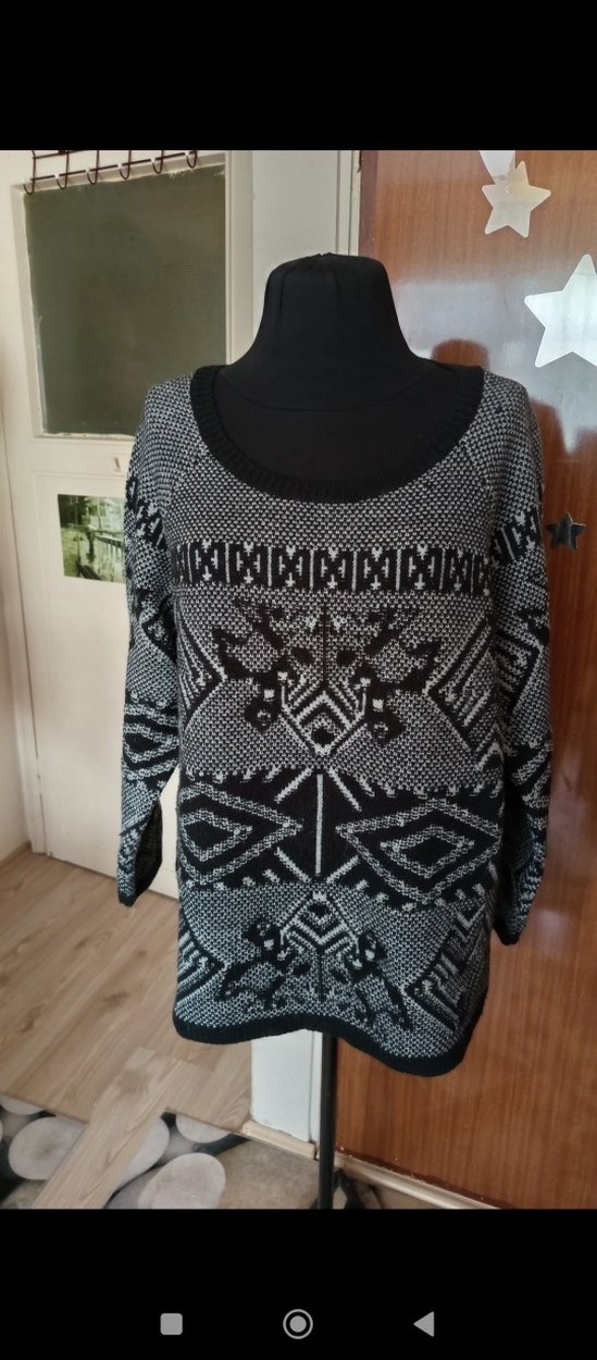 Gri Bohem Desenli Örme Kadın Kazak - Görsel 2