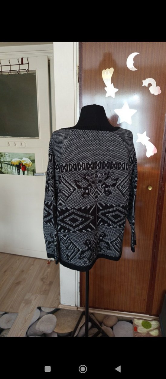 Gri Bohem Desenli Örme Kadın Kazak - Görsel 4