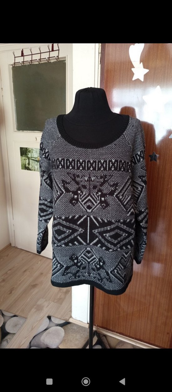 Gri Bohem Desenli Örme Kadın Kazak - Görsel 3