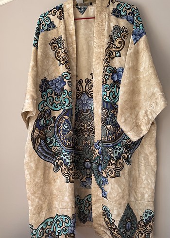 Bej Bohem Uzun Kimono Batik Desenli