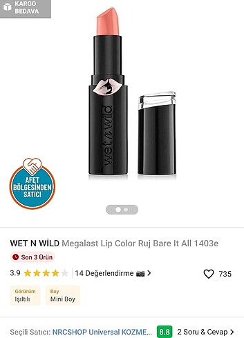  Beden WET N WILD Megalast Lip Color Ruj Bare It All 1403e