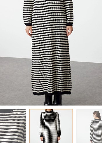 Çizgili Siyah Gri Uzun Elbise - Görsel 2