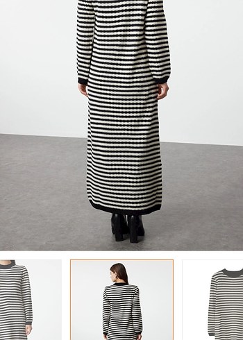 Çizgili Siyah Gri Uzun Elbise - Görsel 3