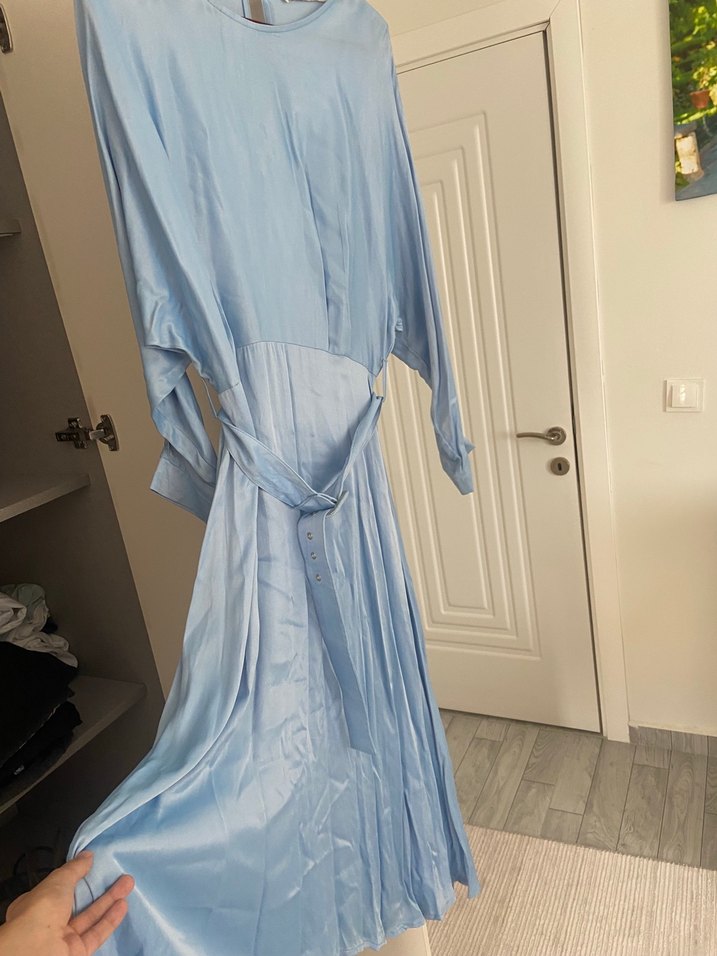 Mavi Uzun Kollu Salaş Midi Elbise - Görsel 2