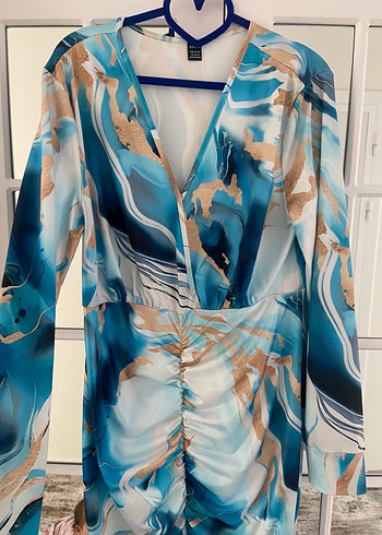 Mavi Bağlama Desenli Uzun Kollu Elbise - Görsel 4