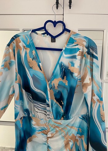 Mavi Bağlama Desenli Uzun Kollu Elbise - Görsel 3