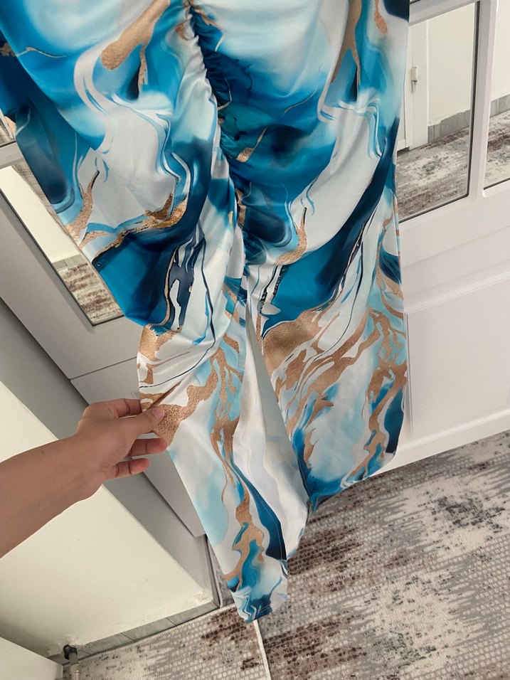 Mavi Bağlama Desenli Uzun Kollu Elbise - Görsel 2