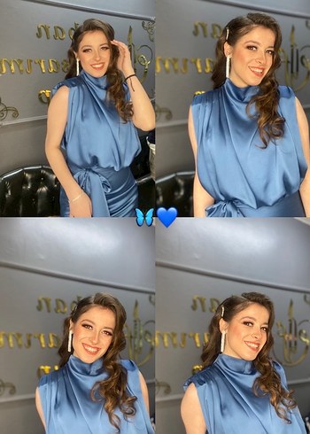 Mavi Parlak Drapeli Midi Abiye Elbise - Görsel 2