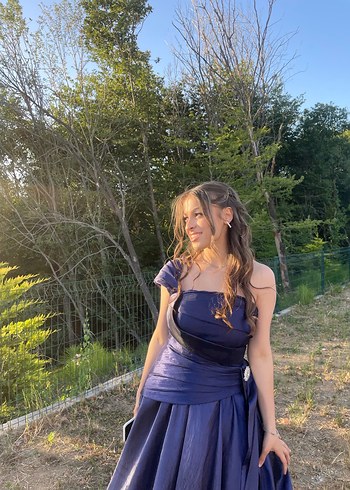 Uzun Lacivert Drapeli Straplez Abiye Elbise - Görsel 3