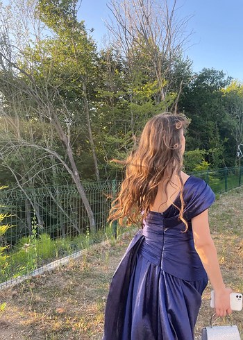 Uzun Lacivert Drapeli Straplez Abiye Elbise - Görsel 2