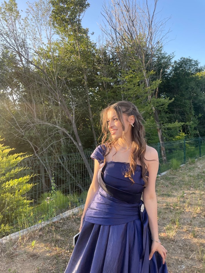 Uzun Lacivert Drapeli Straplez Abiye Elbise - Görsel 3