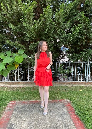 Kırmızı Midi Kat Kat Abiye Elbise - Görsel 2