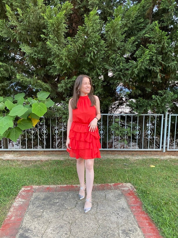 Kırmızı Midi Kat Kat Abiye Elbise - Görsel 2