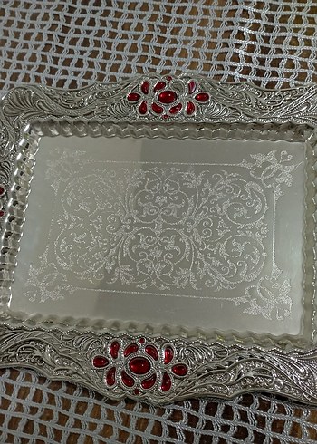 Bordo Taş Detaylı Parlak Dekoratif Tepsi kına tepsi