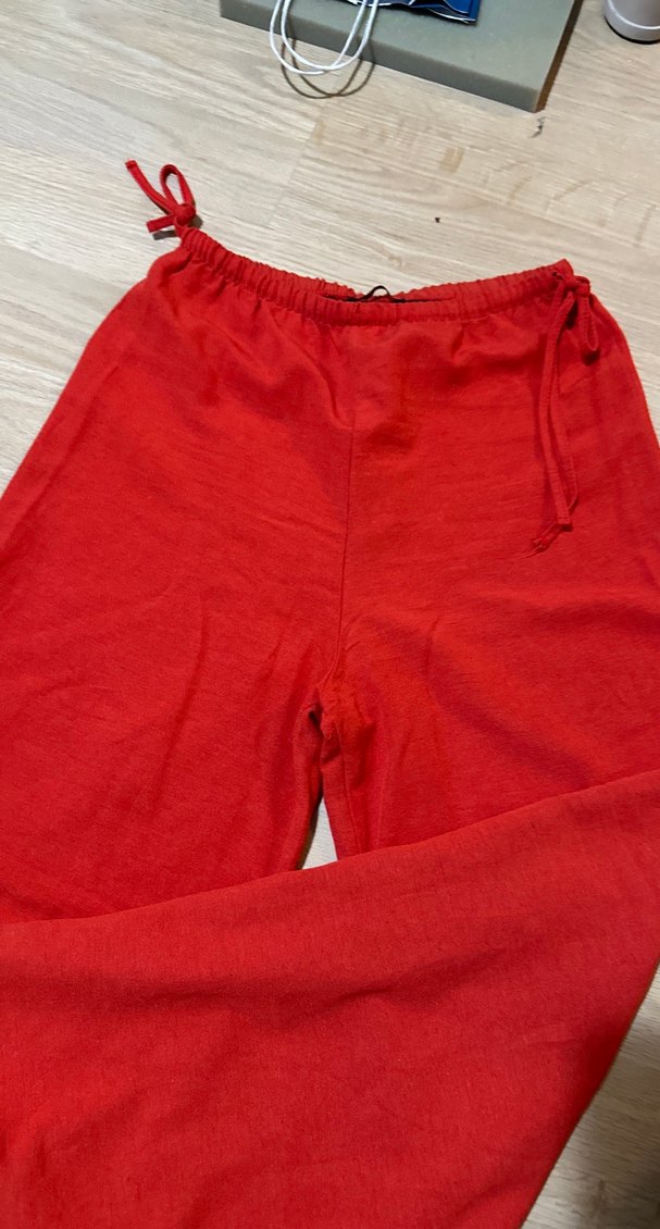 Kırmızı Rahat Kesim Keten Kadın Pantolon - Görsel 2