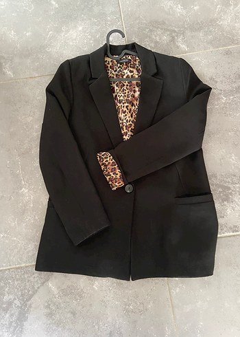 Leopar Desenli Siyah Kadın Blazer Ceket