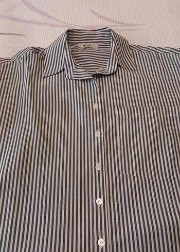 Kadın Gri Beyaz Çizgili Uzun Kollu Gömlek - Görsel 6