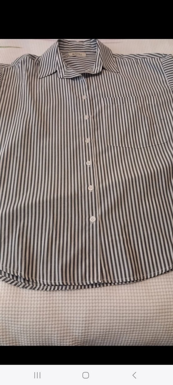 Kadın Gri Beyaz Çizgili Uzun Kollu Gömlek - Görsel 5