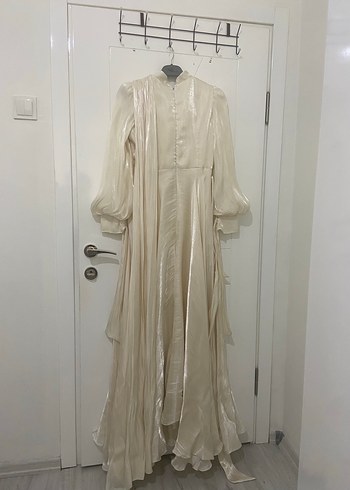 Bej Uzun Kollu Drapeli Nikah Elbisesi - Görsel 4
