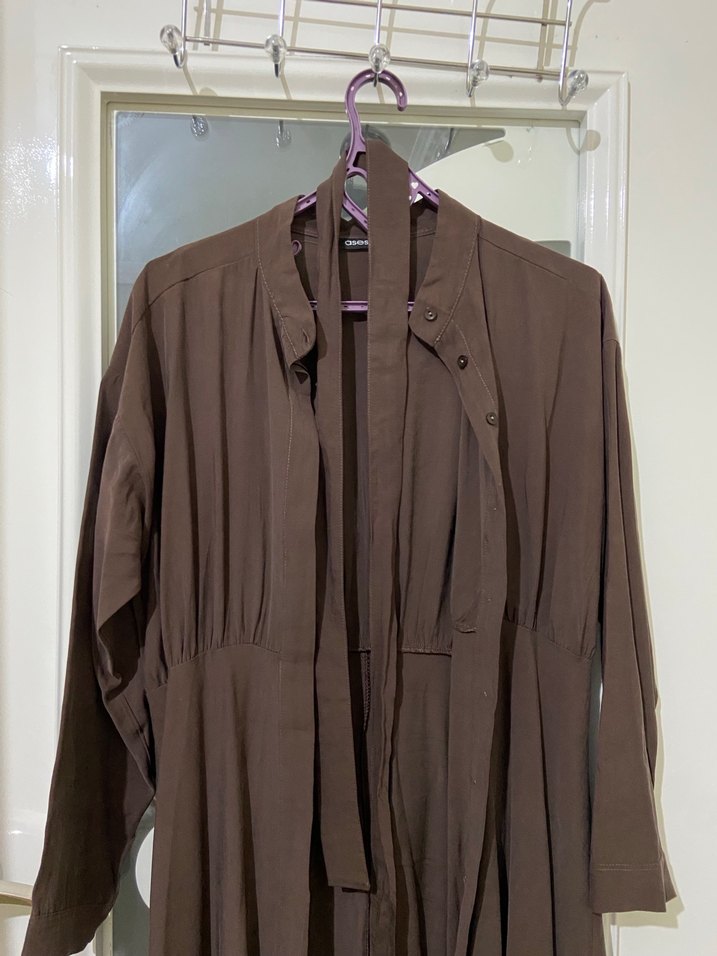 Drapeli Kahverengi Uzun Kadın Elbise - Görsel 2