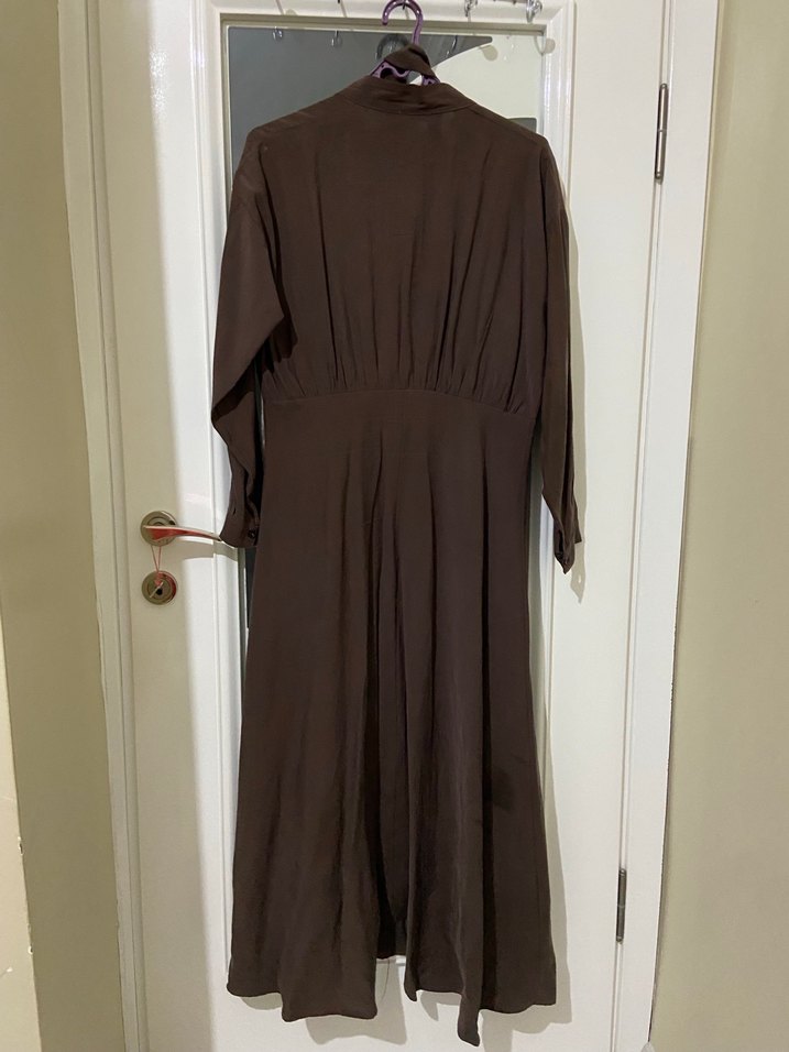 Drapeli Kahverengi Uzun Kadın Elbise - Görsel 4