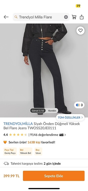 trendyolmilla siyah önden düğmeli flare jean