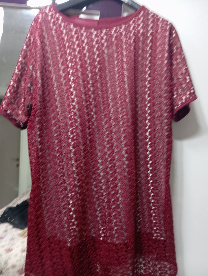 Bordo Dantel Detaylı Kadın tişört - Görsel 4