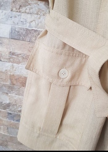 Bej Kemerli Midi Keten Kadın Ceket - Görsel 2