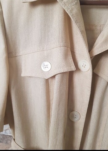 Bej Kemerli Midi Keten Kadın Ceket - Görsel 4