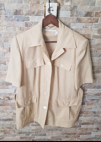 Bej Kemerli Midi Keten Kadın Ceket - Görsel 5