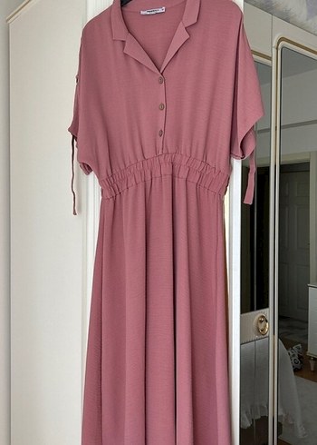 Pudra Renkli Düğmeli Uzun Elbise - Görsel 5