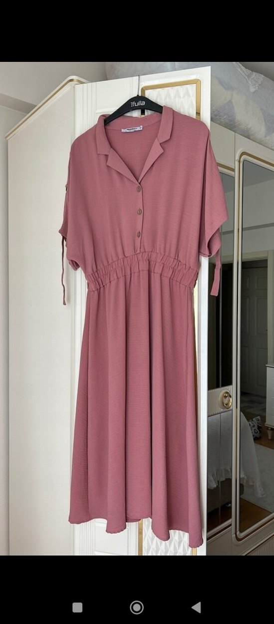 Pudra Renkli Düğmeli Uzun Elbise - Görsel 5