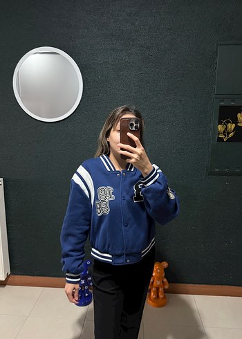 m Beden mavi Renk Kadın Mavi Bomber Ceket, Yüksek Yaka, Puff Detaylı