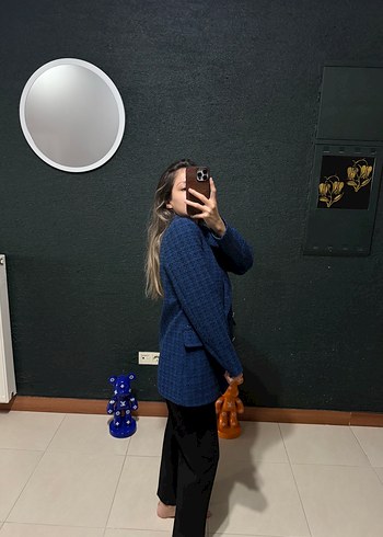 m Beden Düğmeli Lacivert Kareli Denim Kadın Blazer