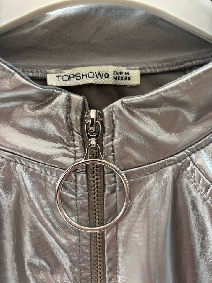 Gri Parlak Metalik Fermuarlı Kadın Ceket - Görsel 2