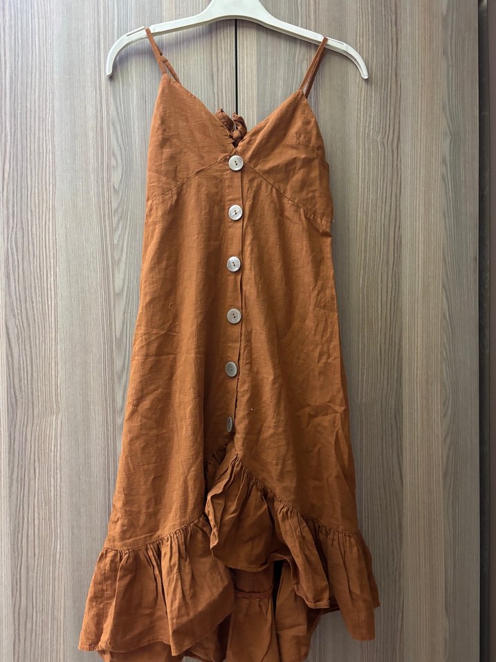 Düğmeli Kahverengi Keten Uzun Bohem Elbise - Görsel 2
