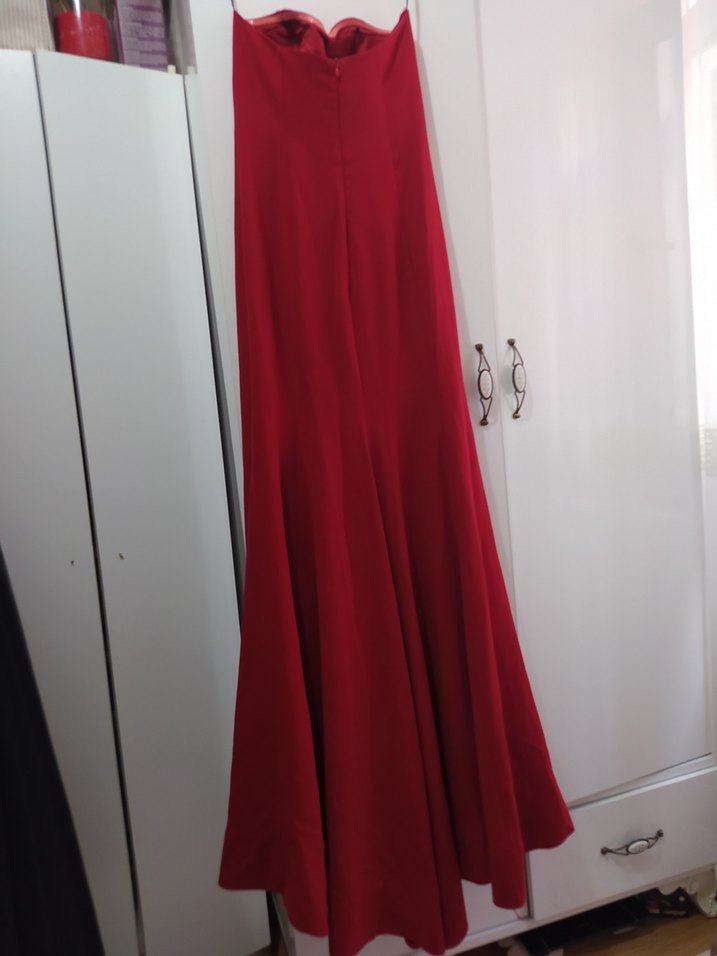 Kırmızı Straplez Uzun Abiye Elbise - Görsel 2