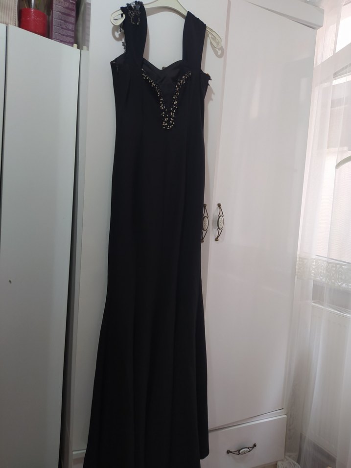 Siyah Straplez Uzun Drapeli Kadın Abiye Elbise - Görsel 2