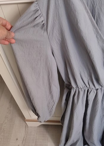 Gri Uzun Keten Elbise V Yaka Drapeli - Görsel 3