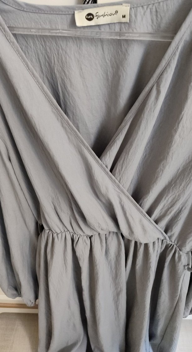 Gri Uzun Keten Elbise V Yaka Drapeli - Görsel 2