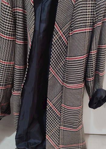 Düğmeli Ekose Desenli Uzun Kadın Kaban - Görsel 2