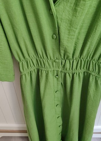 Düğmeli Yeşil Uzun Keten Elbise - Görsel 3