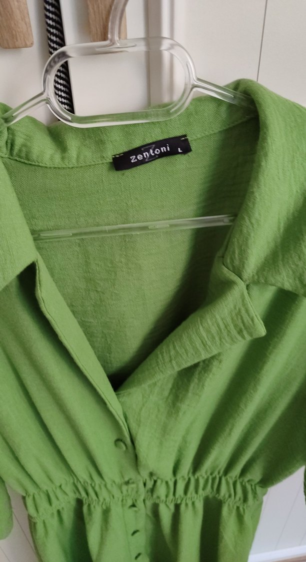 Düğmeli Yeşil Uzun Keten Elbise - Görsel 2