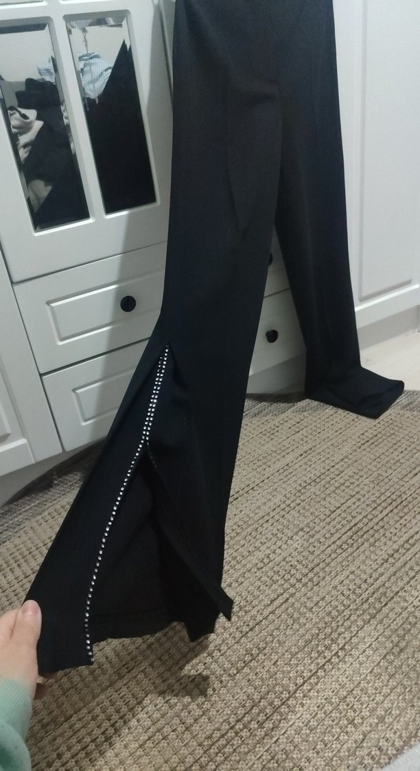 Siyah Kadın Kumaş Pantolon, Yırtmaçlı, Uzun - Görsel 2