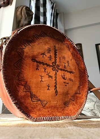 Şaman davulu, el yapımı, gerçek deri çanta