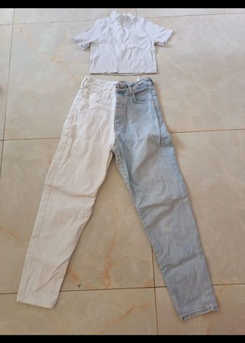 Beyaz ve Açık Mavi Yarım Boy Bol Kesim Kadın Kot - Görsel 2