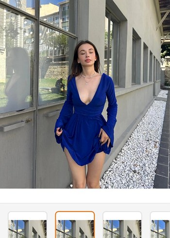 Uzun Kollu Mavi Mini Elbise - Görsel 2