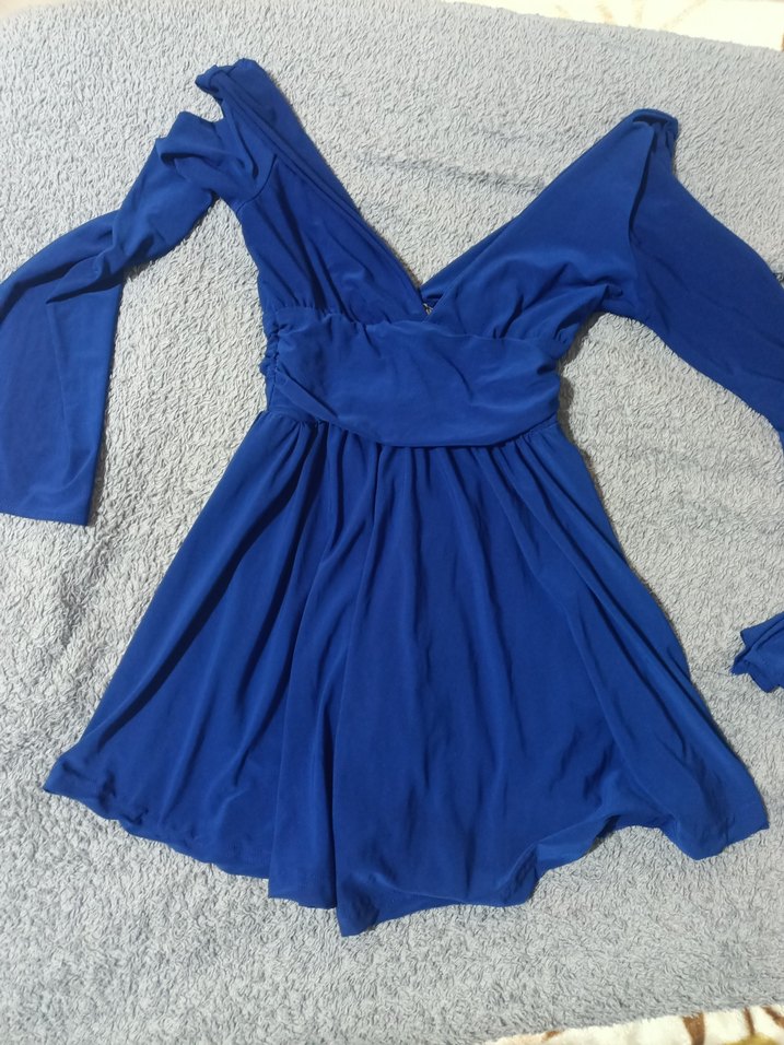 Uzun Kollu Mavi Mini Elbise - Görsel 3