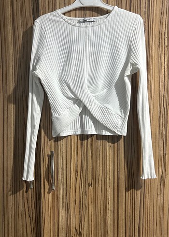 Beyaz Piliseli Kadın Uzun Kollu crop - Görsel 2